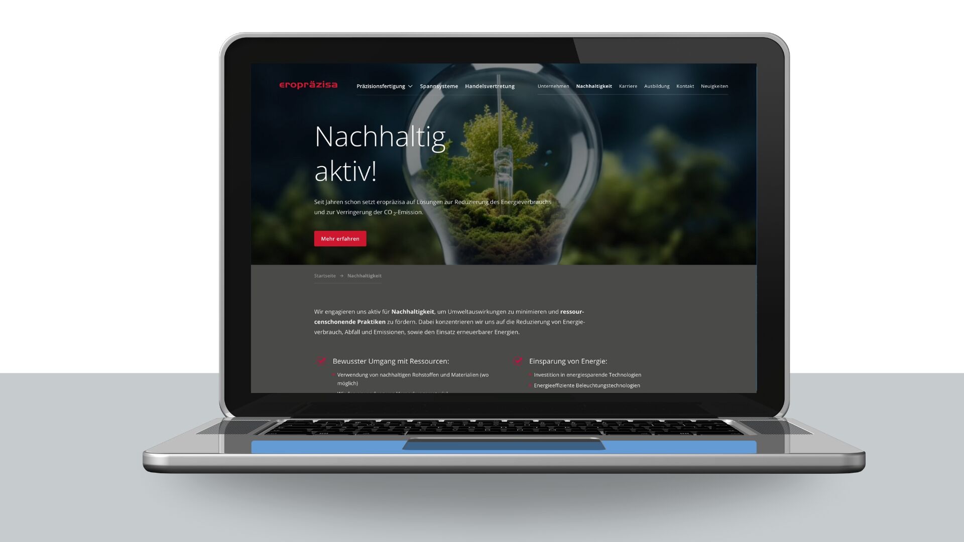 Corporate Website: Mockup Laptop mit Seite „Nachhaltigkeit”