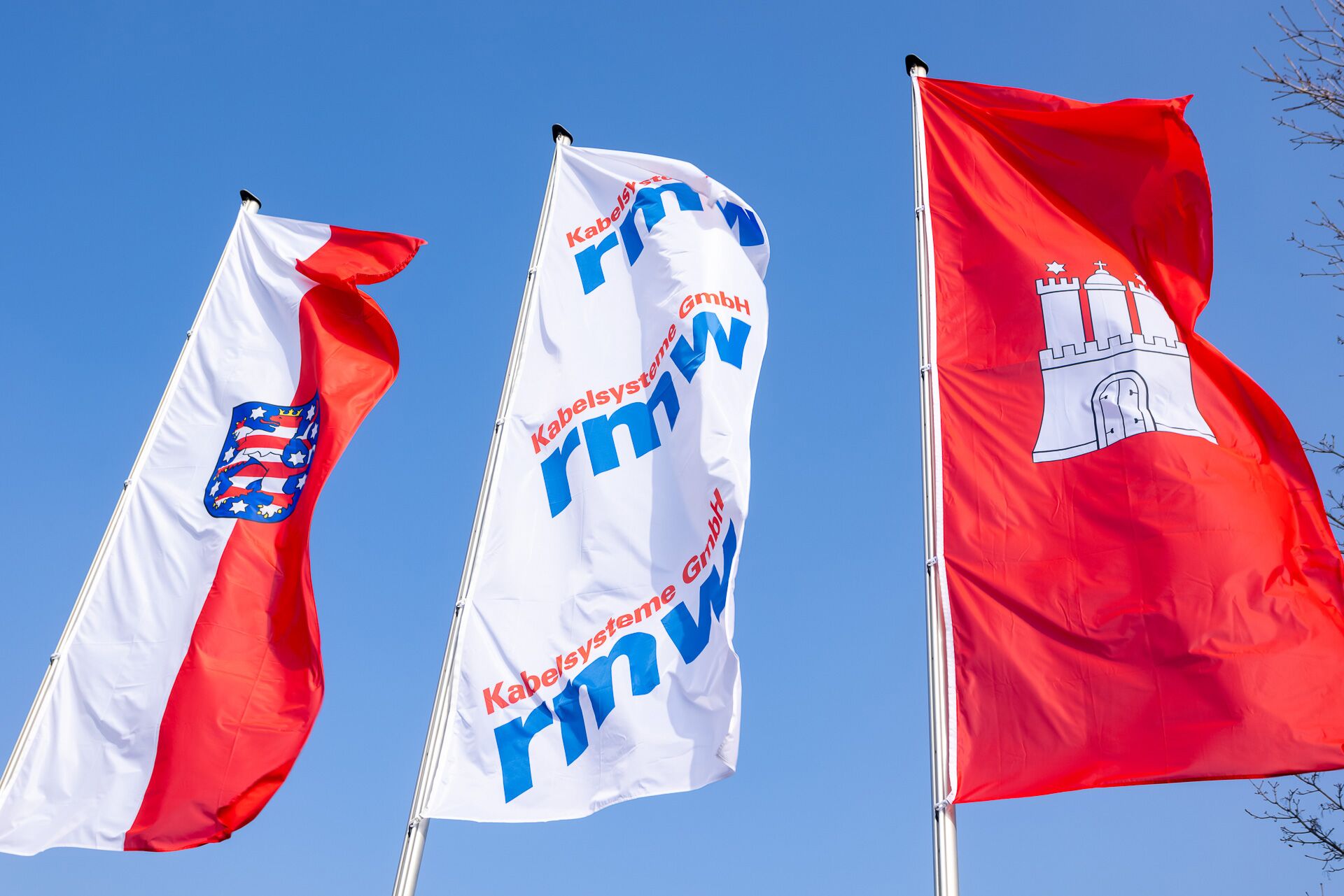 Website Relaunch: Blick links auf die thüringische Flagge, in der Mitte eine weiße Flagge mit dem RMW Logo und rechts die Flagge von Hamburg in rot mit einer weißen Burg