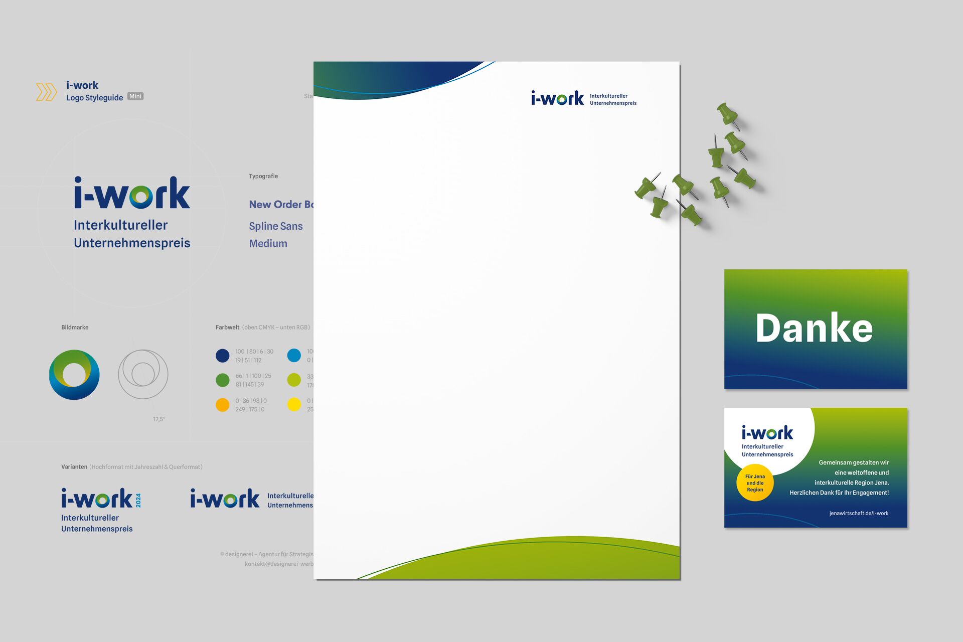 Mockup zum i-work Kampagnendesign für JenaWirtschaft: Logoentwürfen, Briefbogen und Dankeskarte