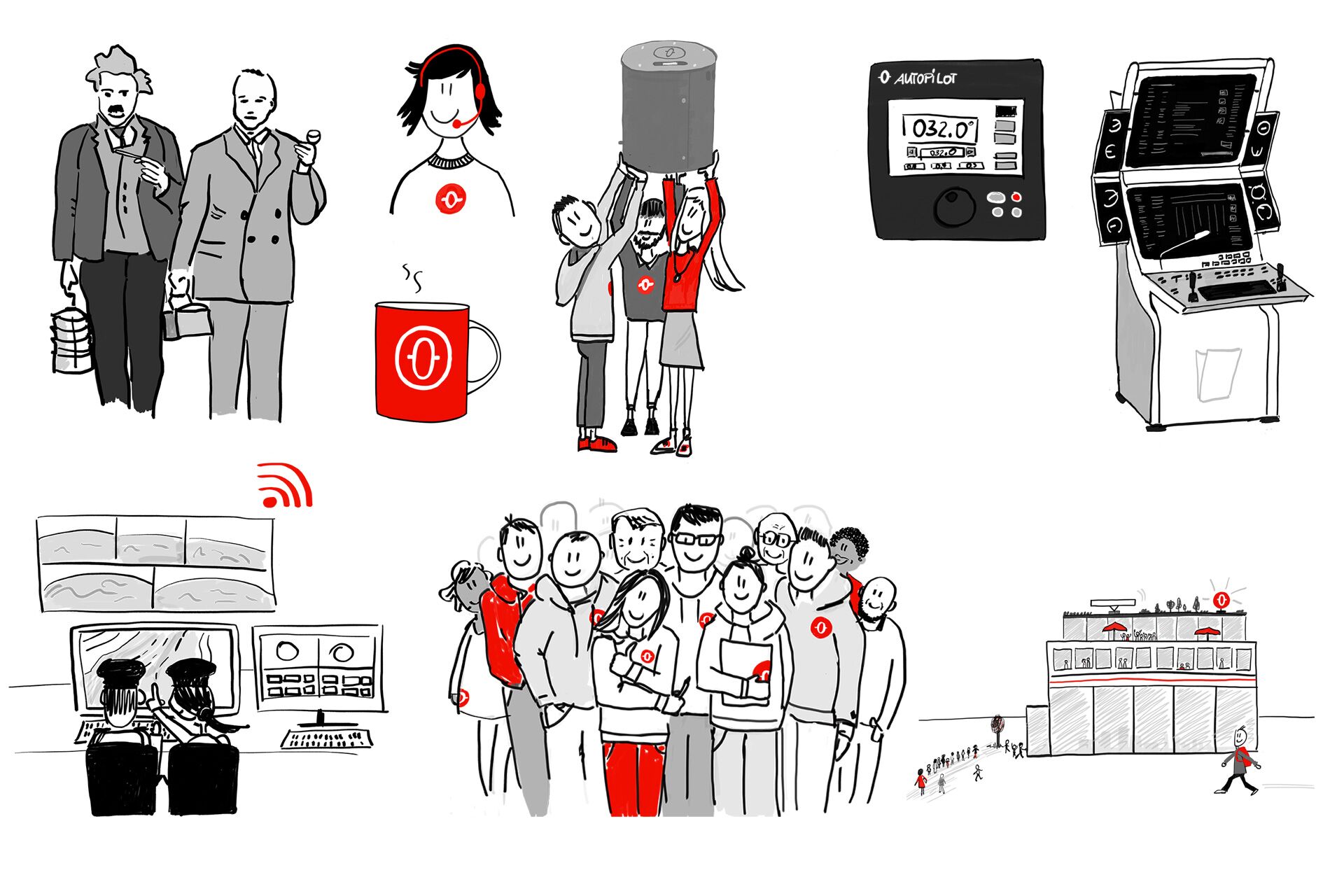 Zusammenstellung einzelner Illustrationen aus dem Zukunftsbild auf einem weißen Bogen