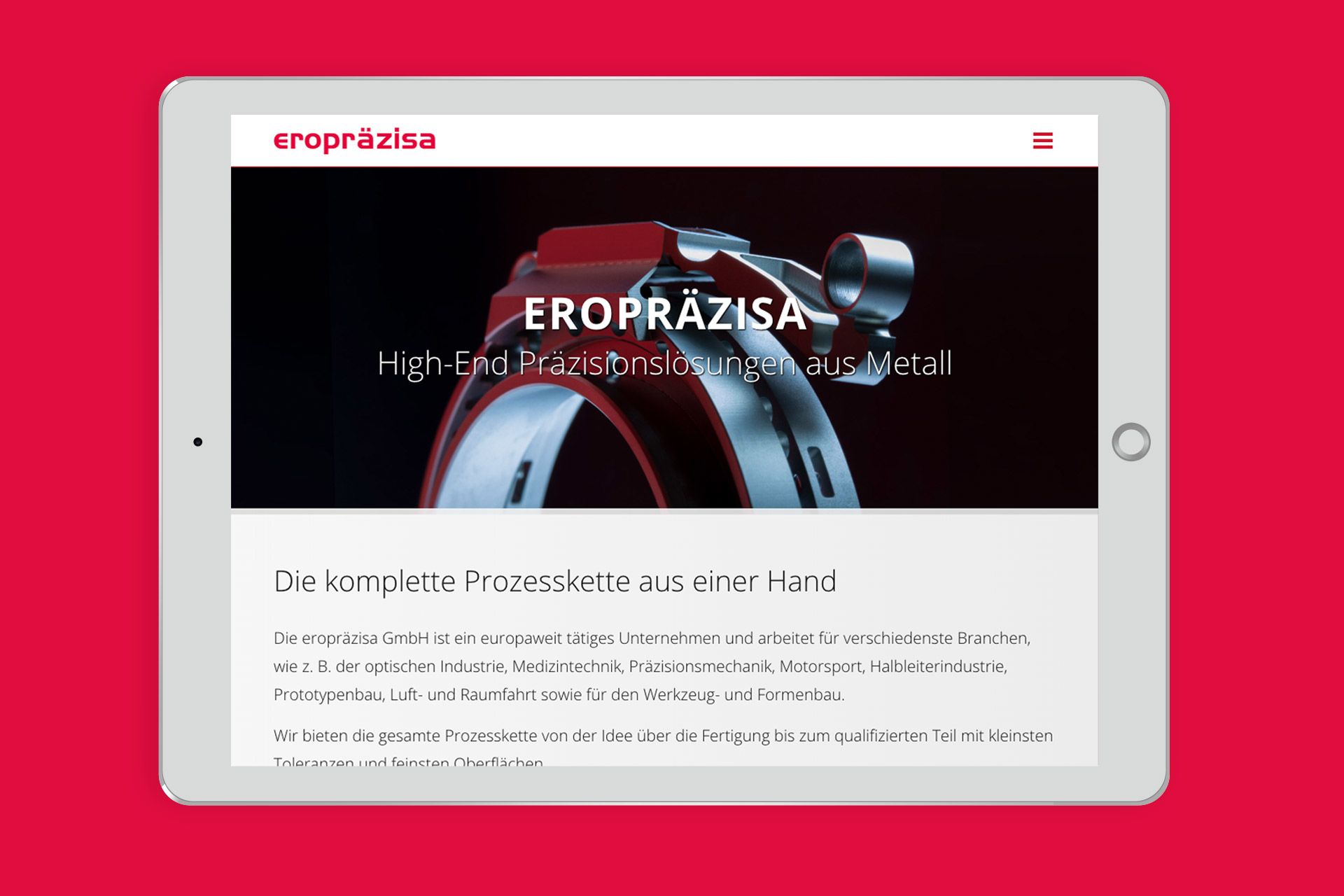 Screenshot eines iPad-Teasers für die visuelle Unternehmenskommunikaton der eropräzisa Gmbh, gestaltet von der designerei Werbeagentur