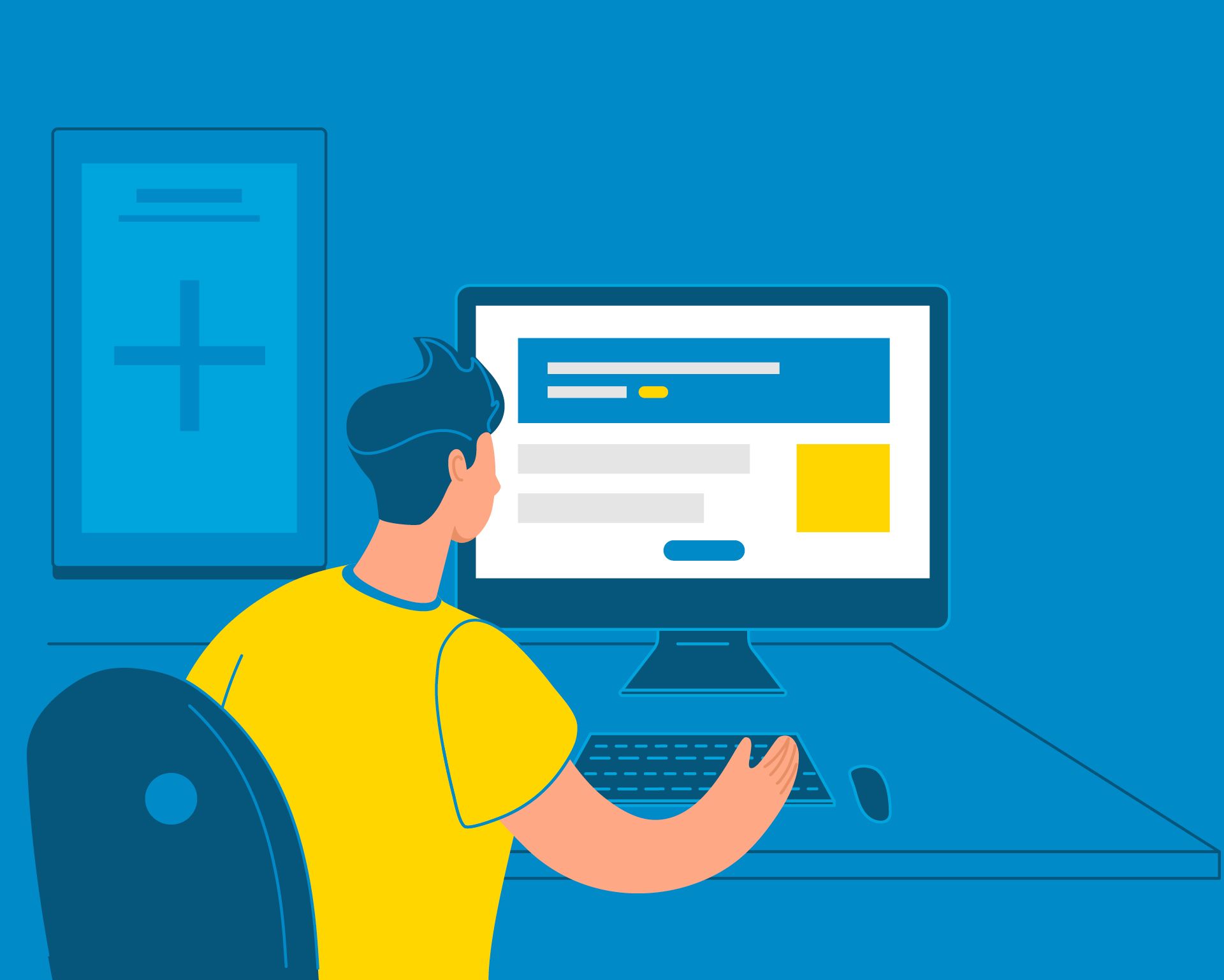 Illustration in den Farben blau-gelb: Webentwickler am Rechner zur Untermauerung des Infobox-Artikels „Unsere Grundsätze für Webprojekte”