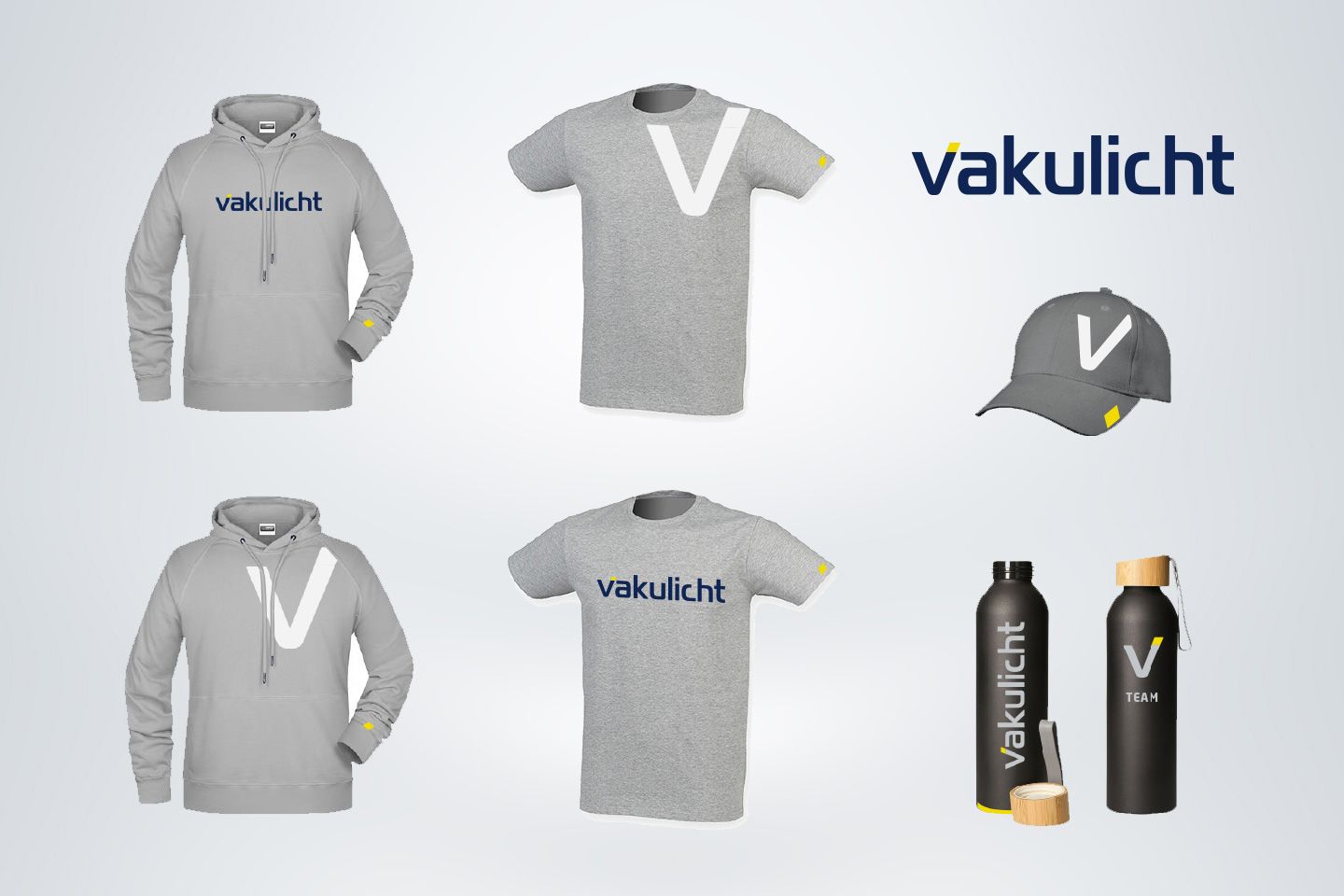 Auszug aus Kommunikationskonzept: Visualisierung Hoodies, T-Shirts, Trinkflaschen und Basecap mit neuem Branding