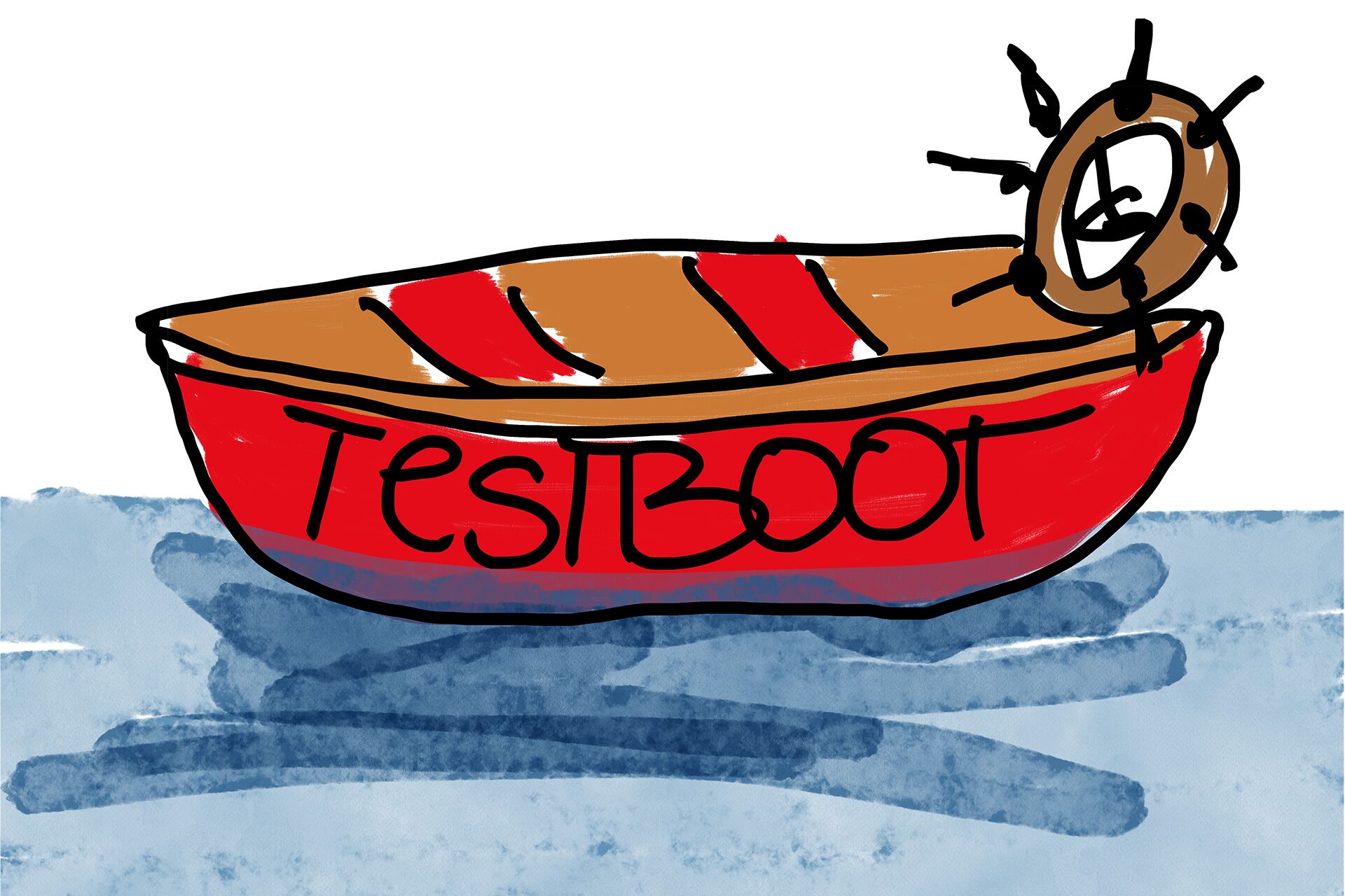 Rot illustriertes maritimes Boot mit Rettungsring und Aufschrift „Testboot” aus dem Zukunftsbild