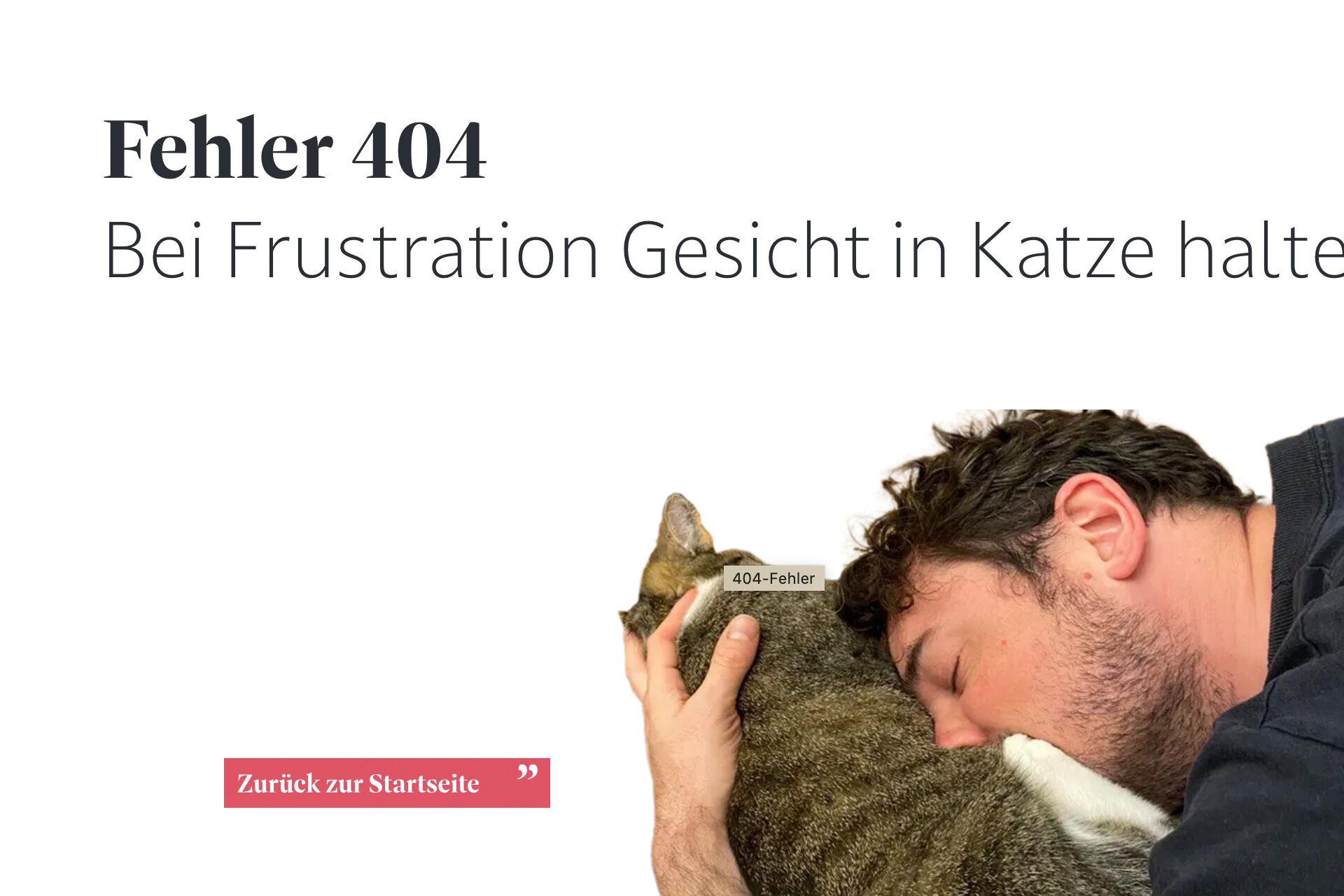 Personal Branding: Screenshot Fehlerseite, Person schläft an Katze mit Schriftzug „Fehler 404 - Bei Frustration Gesicht in Katze halten”