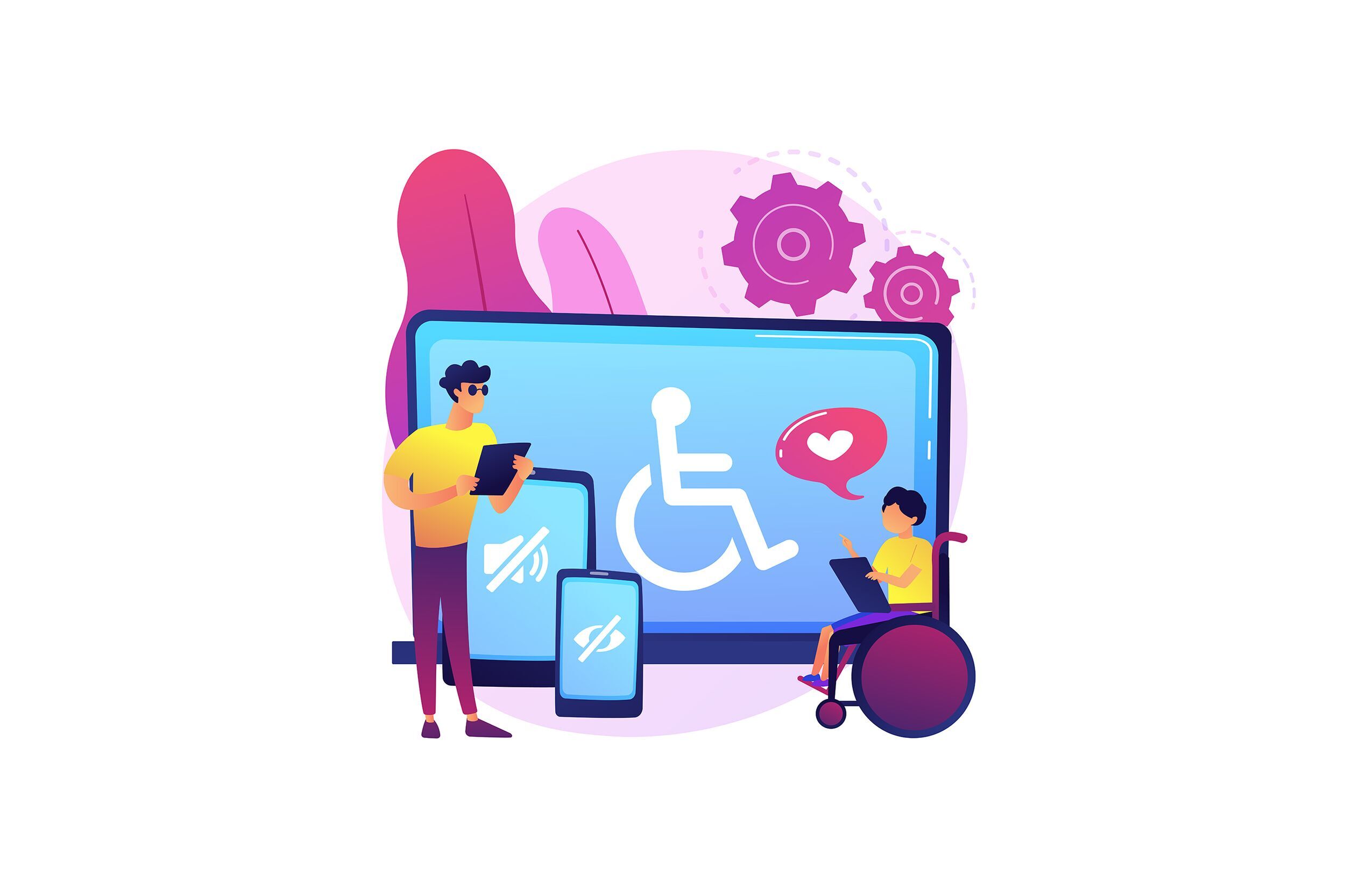 Grafische Illustration als Symbolbild für den Artikel „Barrierefreiheitsstärkungsgesetz für Websites”: Blauer Monitor mit Rollstuhl-Symbol, davor ein Rollstuhlfahrer und ein Mensch mit Brille für Sehbehinderung