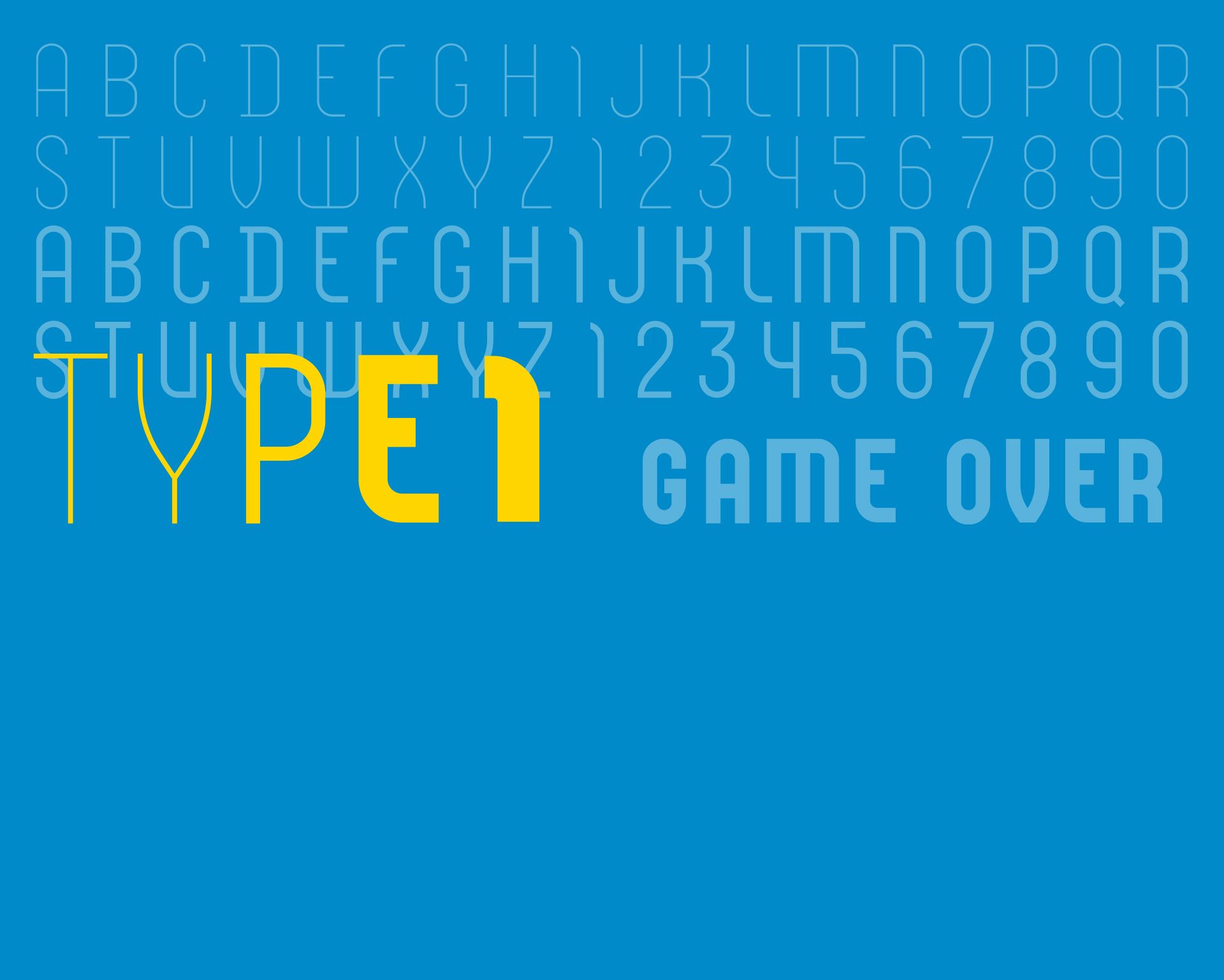 Typographische Abbildung: Alphabet auf blauem Hintergrund, überlagert von gelbem TYPE-1-Schriftzug