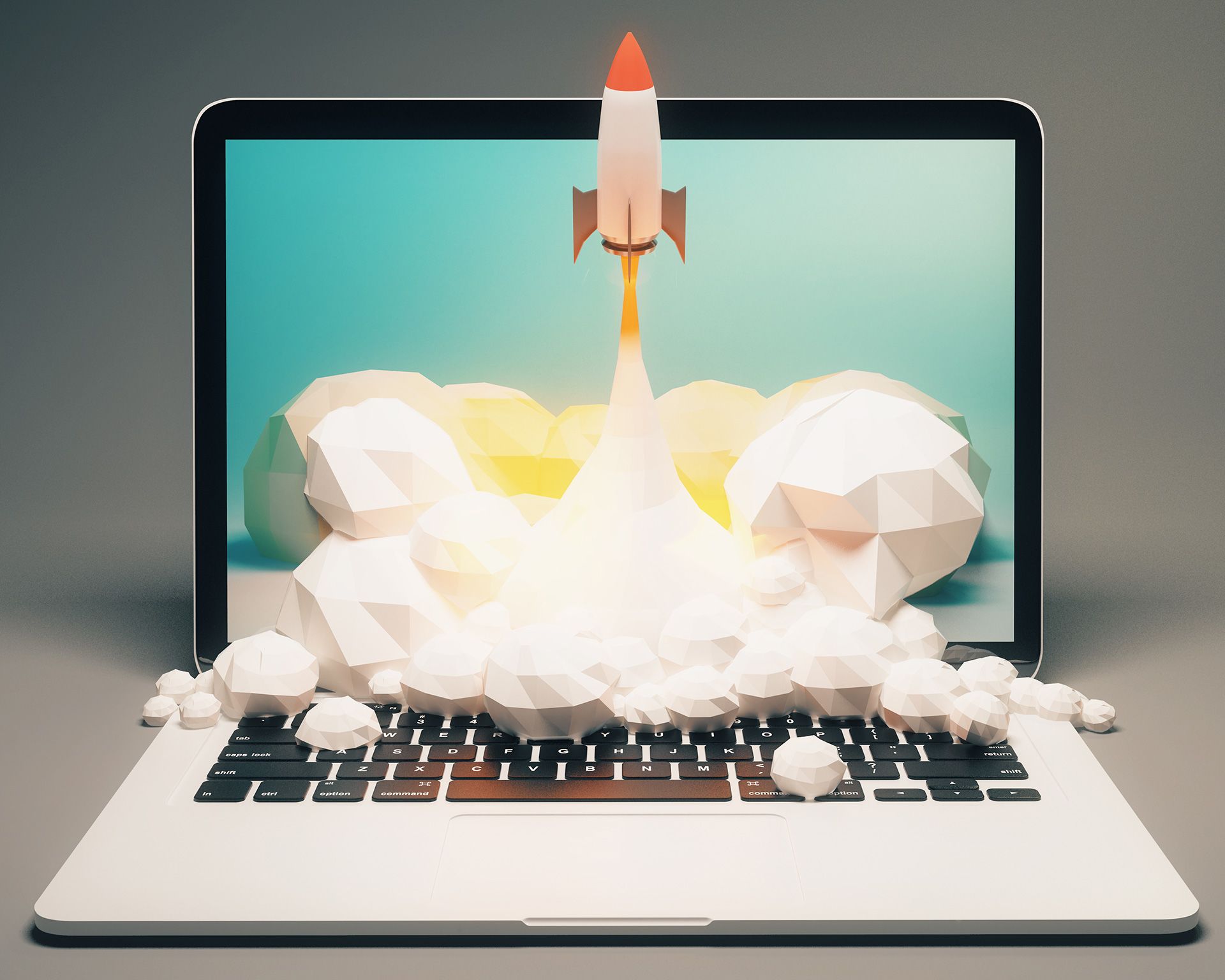 Laptop mit herausfliegender Rakete untermauert den Artikel „ Marketing- & Strategie-Schnellcheck Wie steht es um Ihr Marketing?”