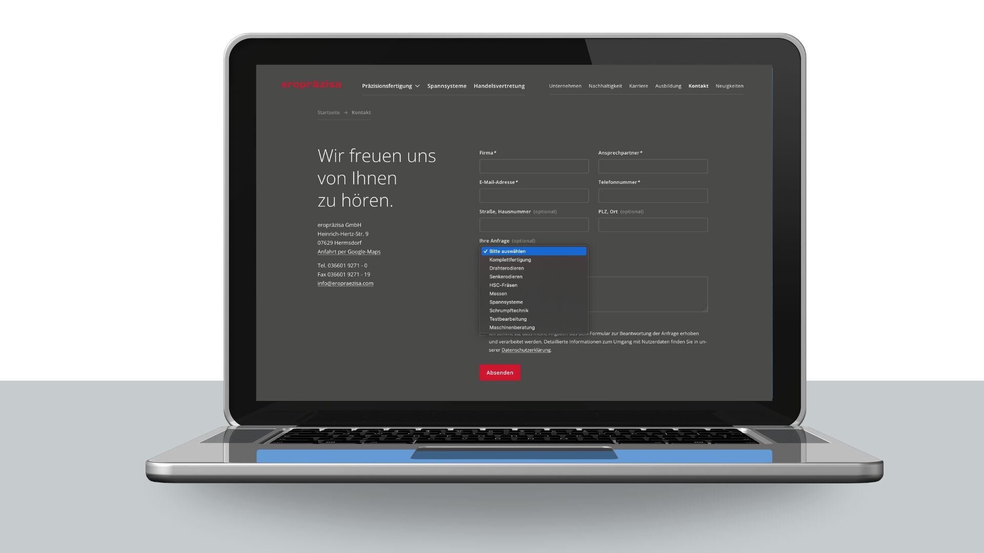 Corporate Website: Mockup Laptop mit Anfrageformuar