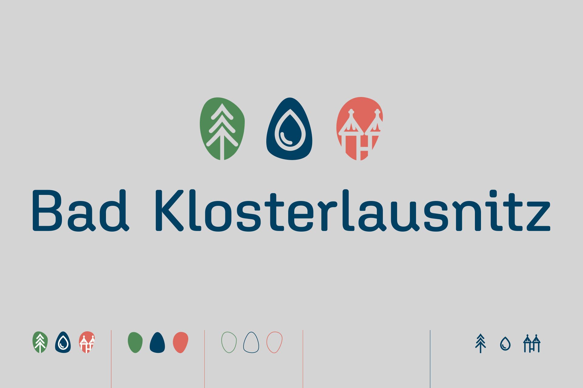 blauer Schriftzug Bad Klosterlausnitz mit organischen Formen: grün mit Baum, blau mit Wassertropfen, rot mit Kirchtürmen