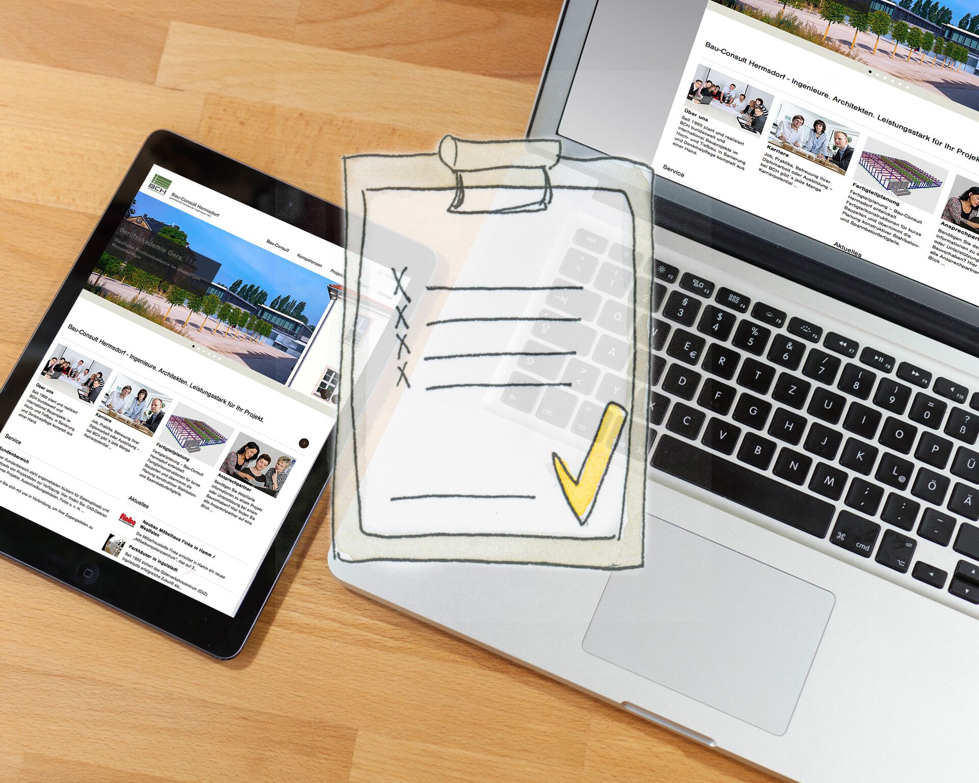 Stimmungsbild mit Laptop und einer illustrierten Liste zum Abhaken zur Untermauerung des Artikels „Website-Checkliste: Schlusskorrektur der neuen Website ”