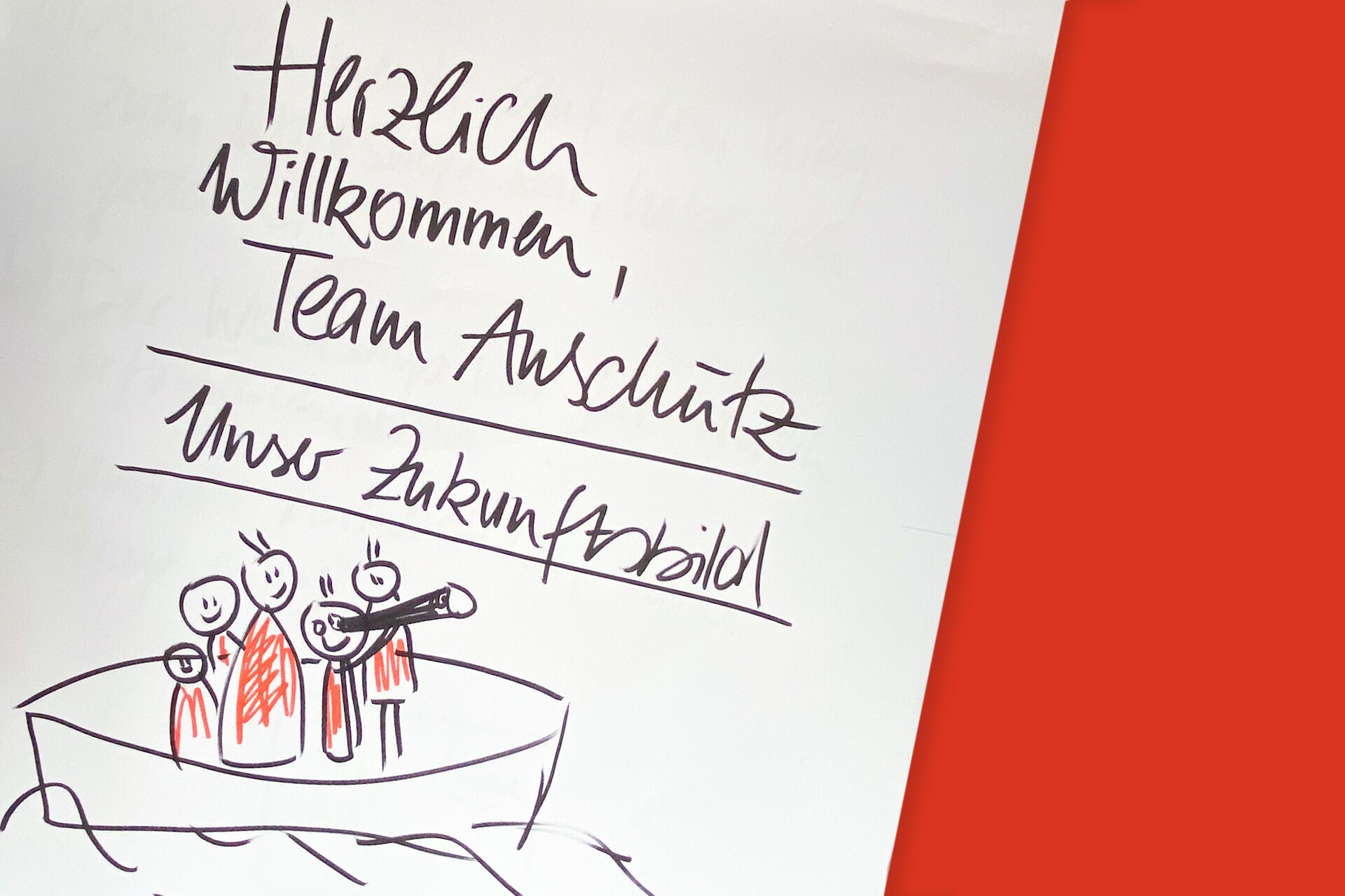 Titelseite Flipchart mit handgemalter Skizze und Willkommensgruß